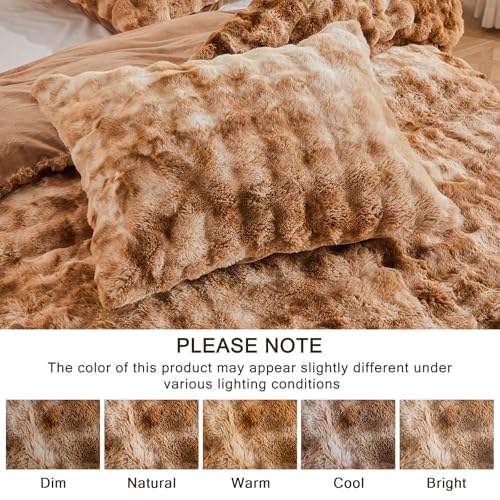 Image of EMME Faux Fur Duvet Cover Queen Size, 3 Pieces Ultra Soft Fluffy Comforter Cover, Cozy Warm for Winter, Luxury Shaggy Bubble Design Bedding, 1 Duvet Cover & 2 Pillow Shams (Queen, Tie Dye Taupe)