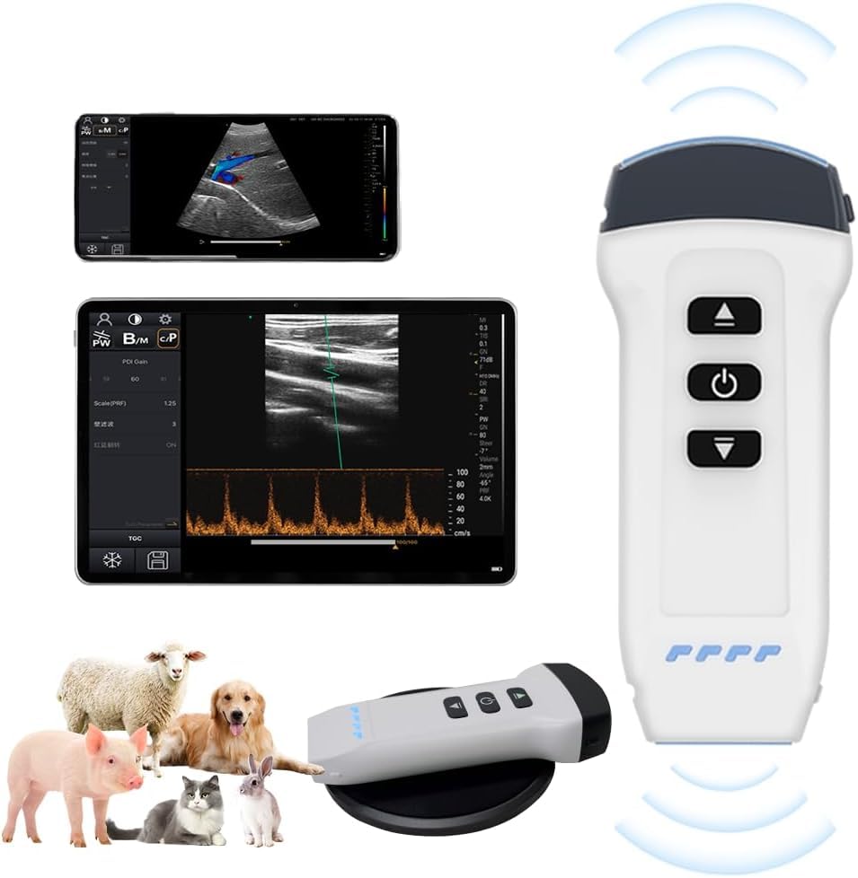 DAWEIanimed Wireless Color Doppler Ultrasound Machine 3.2MHZ and 7.5MHZ Probe, Wireless Ultrasound Machine for Android and iOS, Handheld Ultrasound Scanner for Dog, Cat, House, Pig, Sheep