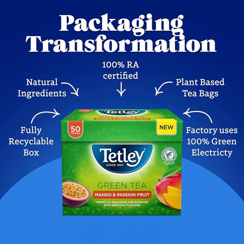 Tetley Mango & Passionfruit Green Tea, 50 Teabags - Rainforest Alliance Certified Green Tea Bags with Mango & Passionfruit - Light and Antioxidant-Rich Blend for a Fruity and Refreshing Brew - Image 4