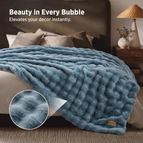 Image of Bedsure GentleSoft Bubble Faux Fur Blankets Queen Size, Fluffy Fuzzy Queen Blanket for Bed, Soft Cozy Faux Fur Bedding for Winter, Thick Warm Plush Bed Cover, Greyish Blue, 90x90