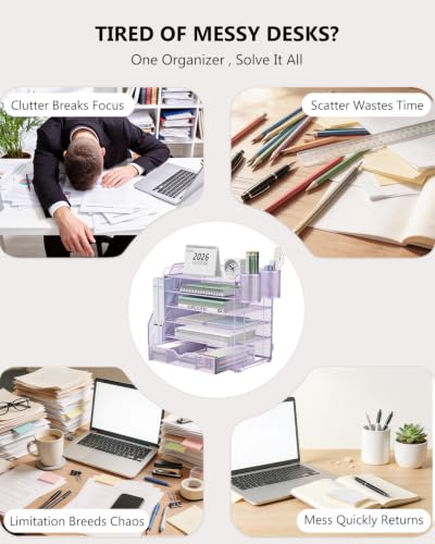 Image of WALI Desk File Organizer, 6 Tier Desktop Paper Letter Tray Organizer with Drawer and 2 Pen Holders, Office Desk Accessories & Workspace Organizers for Office, Home Supplies(DO007DH-V), 1 Pack, Purple