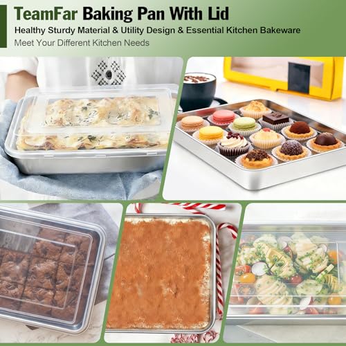 Image of TeamFar Baking Pan with Lid, 12.5 inchx 9.8 inch Stainless Steel Rectangular Cake Lasagna Pan with Cover for Cake Brownie Casseroles, Healthy & Sturdy, Oven & Dishwasher Safe - (1 Pan + 1 Lid)