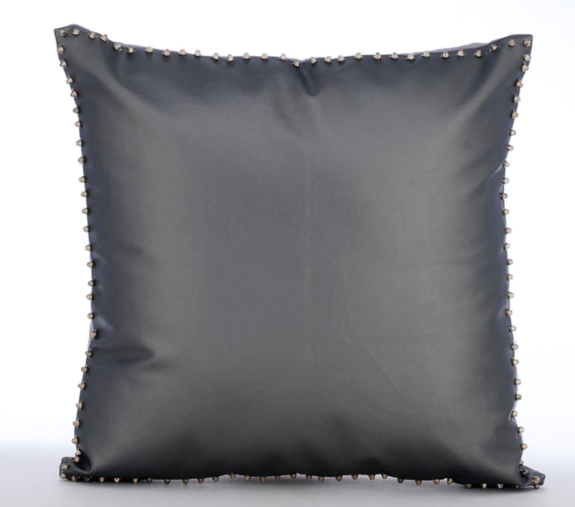 The HomeCentric Grey Shams, Metallic Spikes Bordered Cushion Shams, Pack of 2, 60x60 cm (24"x24") Cushion Shams, Square Faux Leather Shams, Contemporary Cushion Shams, Solid Color - Silent Night