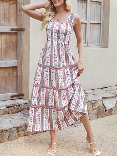 Image of Caracilia Womens Summer Maxi Dresses Floral Smocked Sleeveless Ruffle Boho Casual Flowy Aline Beach Vacation Long Sundress