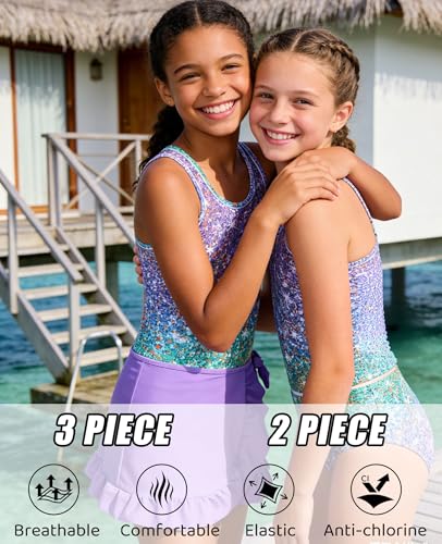 Image of Girls Swimsuit 3 Piece Bathing Suit Quick Dry Tankini Set with Cover Up Beach Skirt Tankini Swimwear 5-16 Years