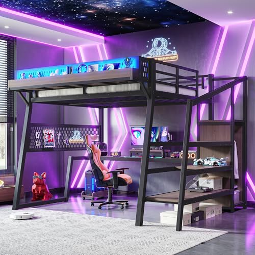 Image of Bellemave Full Size Gaming Loft Bed with Desk and Wardrobe Storage Stairs,Shelves, LED USB, Loft Bed Full Size for Teens Metal, Black