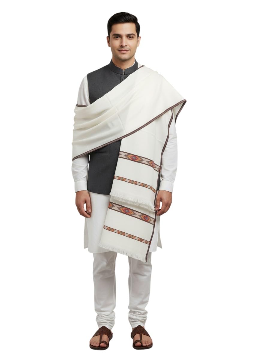 KAVIM White Wool Solid Men's Kullu Border Shawl KA-SWL-64-picture-36