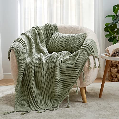 Cozy Bliss Honeycomb Knit Throw Blanket With Hand-Made Tassel Soft Cozy Acrylic Knitted Throw Decorative Woven Blanket For Couch, Bed,Sofa, 50X60 Inches, Sage Green #TOP4