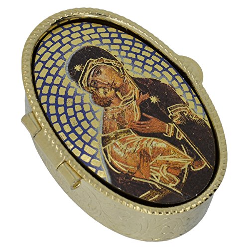 Boîte à chapelet, porte hostie, custode, boite hostie malade, ovale, en métal doré - Marie avec l'enfant, 5x3,5cm Cover