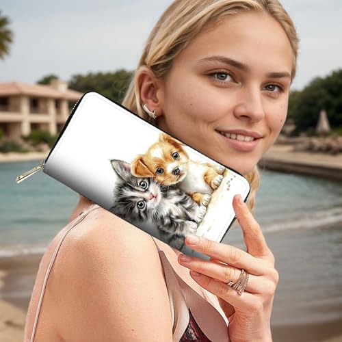 Image of RFID Blocking Leather Wallet for Women - Large Capacity Zip Around Clutch with 8 Card Slots,35 Cash Pockets & Coin Zipper,Cute Cat and Dog Watercolor Art