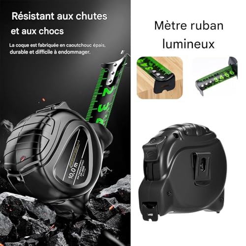 Mètre ruban 10m auto-bloquant rétractable et règle fluorescente pour la menuiserie