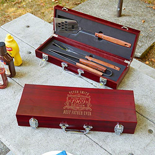 Personalized Outdoor Grill Accessories with Wood Box for Family Parties and Camping by HomeWetBar - Custom Barbecue Tools for Grilling