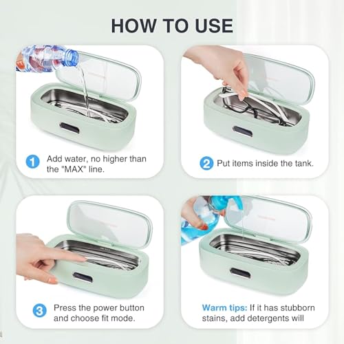 Limpiador ultrasónico para Joyas, Gafas y aparatos de ortodoncia, depósito de Acero Inoxidable de 300 ml, Limpieza con Temporizador de 45 kHz