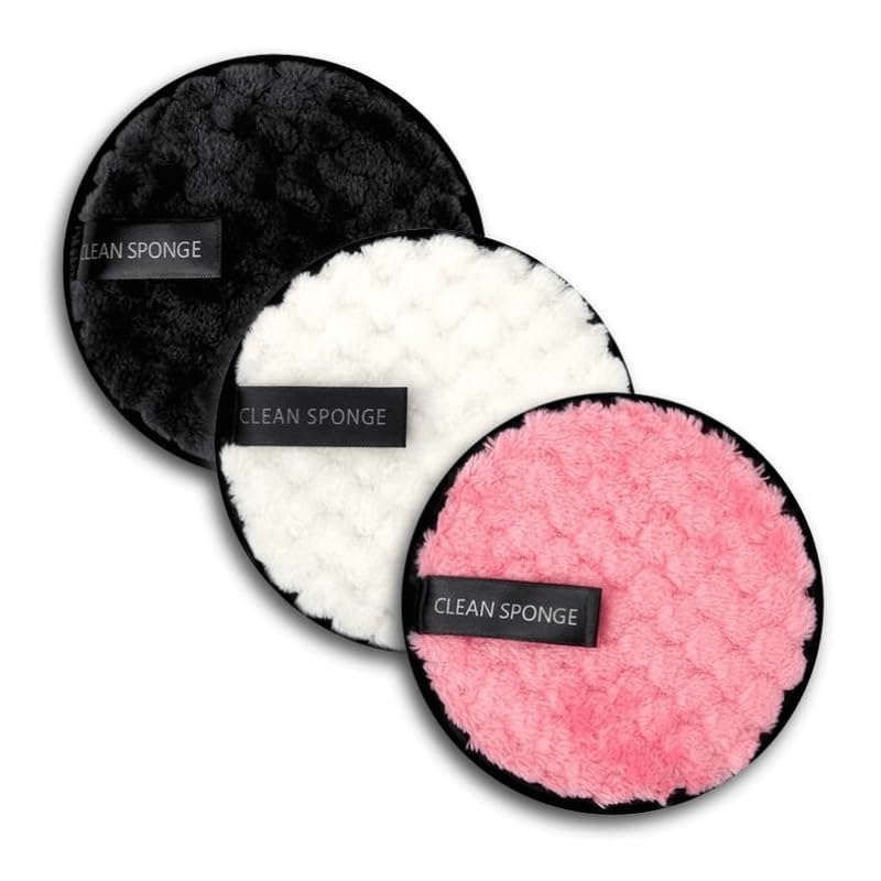 Clean Sponge Reusable Makeup Remover Pads, Round Plush, Pack of 3, Black White Pink-image-19
