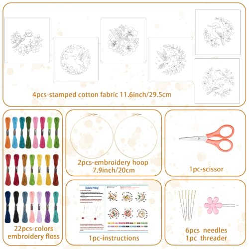 Image of BEUNITONE 6 Set Embroidery Kit for Beginner Adults, Hummingbird & Flower Cross Stitch Set with Stamped Pattern Hoops Threads Cloth Needles, Embroidery Starter Kit for Home Decoration and Gifting