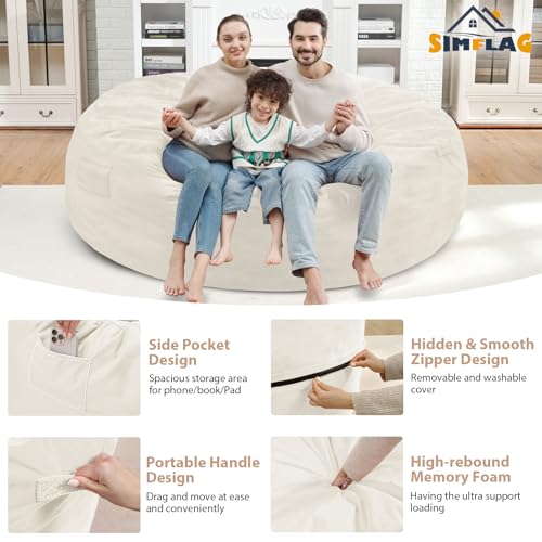 7FT Bean Bag Chair, Large Bean Bag Chairs with Memory Foam Filled, Fluffy Beanbag Sofa with Dutch Velvet Cover, Round BeanBag Chairs for Living Room, Playroom - Beige