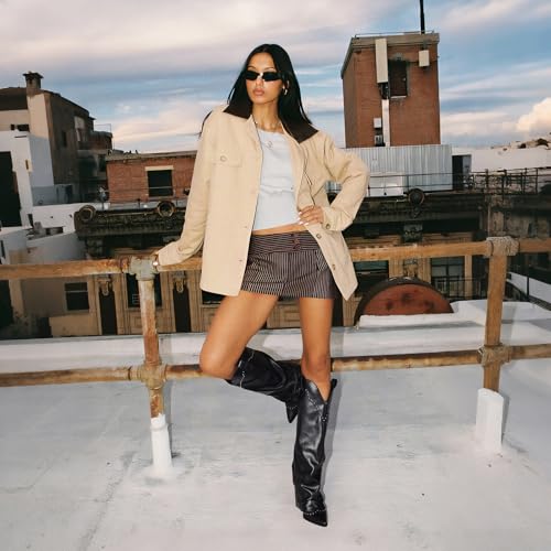 Image of EQAUDES Knee High Boots for Women Tall Cowboy Cowgirl Fold Over Shark Boots