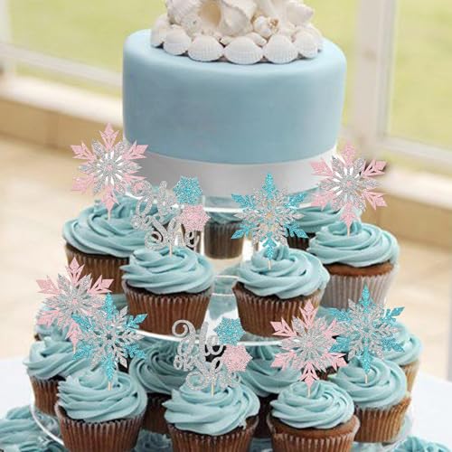 Rsstarxi 24 Pack Snowflake Gender Reveal Cupcake Toppers Pink Blue Glitter He or She Cupcake Picks Winter Snowflake Cake Decorations for Winter Wonderland Birthday Baby Shower Party Supplies