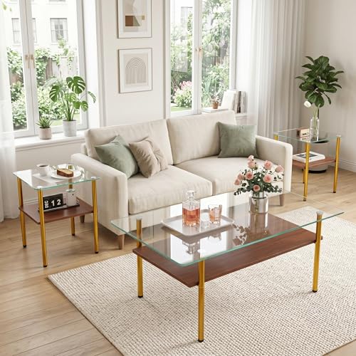 Image of 3 Piece Coffee Table and End Table Set, Living Room Table Set with Tempered Glass Top,Wooden Storage Shelves & Golden Metal Legs, 2-Tier Coffee Table Set of 3,Easy Assembly for Apartment Small Space