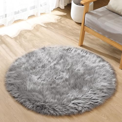 ORINOVA Teppich Rund Grau Flauschig Fellteppich 90 cm Kunstfell Teppich...