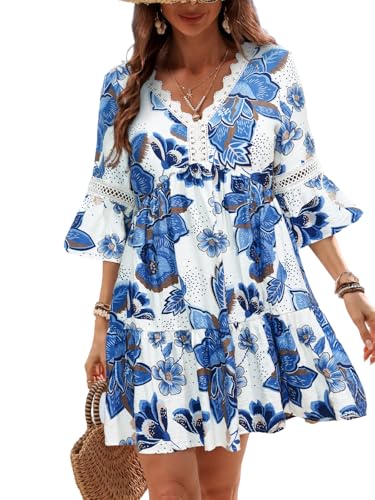 Image of CUPSHE Women V Neck Lace Trim Mini Summer Dress Cover Up 3 /4 Sleeve Ruffled Cuff Casual Sundress Beach Dresses Cover Ups