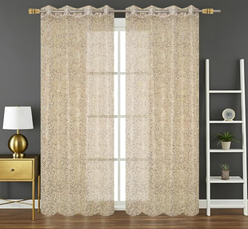 Image of Homefab India Multi Foil Transparent Sheer Curtain - 9 X 4 Feet, Long Door Curtains, Beige Leaf, Pack of 1 Piece