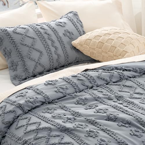 Bedsure Tufted Boho Comforter Set Queen Size - Grey Boho Bed Set, GentleSoft™ 3 Pieces Farmhouse Shabby Chic Embroidery Bedding, Gifts for Woman, Soft Jacquard Queen Comforter for All Seasons
