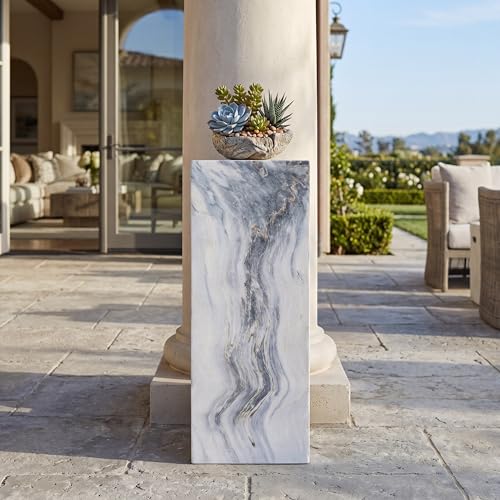 Handcrafted Marble Effect Pedestal 30.3 Tall Indoor & Outdoor Display Stand Square Base Heavy-Duty 100 lbs Capacity Unique Grey-Blue Veining Plant Stand Sculpture Plinth Side Table Accent