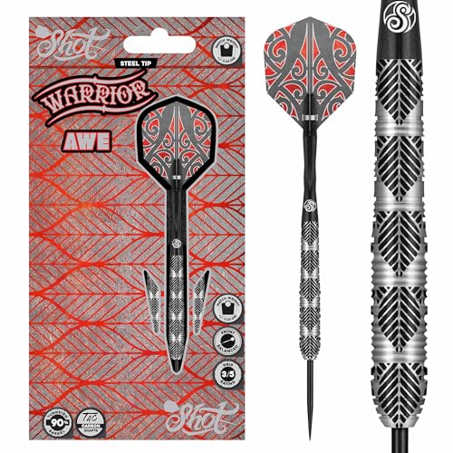 Shot! Darts Warrior Awe 90% Tungsten Steel tip Barrels, Balanced for Maximum Aerodynamics Handcrafted Professional Dart Set and Flights Made in New Zealand, Metal Tip Bar Darts