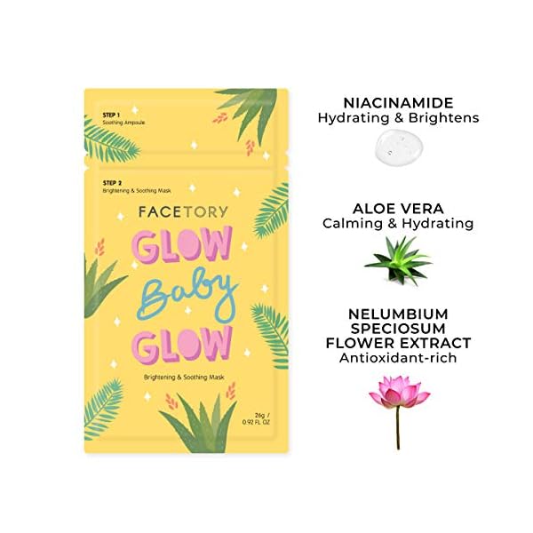 FaceTory-Glow-Baby-Glow-Niacinamide-and-Cica-Brightening-Sheet-Mask-Brightening-Calming-and-Moisturizing-Pack-of-5 FACETORY K Beauty Face Mask Skin Care - Glow Baby Glow 2-Step Sheet Mask with Niacinamide & Aloe + Calming Ampoule | Hydrates, Glowing Skin (5 Pack)