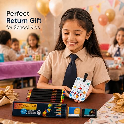 Image of SAVRI Personalized Pencil Set with Name for Kids (10 Pcs) | Customized Name Engraved Pencils with Name Tag, Sharpener & Eraser | Stationery Gift for Boys Girls | Birthday Return Gift for Kids