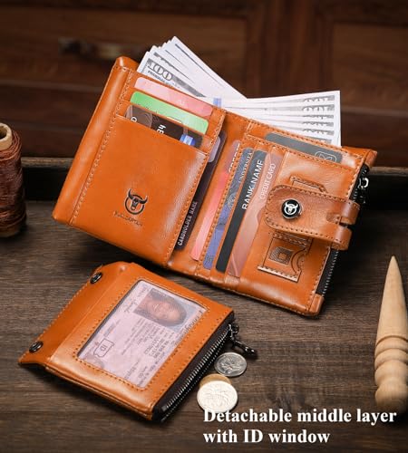 BULLCAPTAIN Bifold Mens Wallet with Chain Genuine Leather RFID Blocking Wallets Removable Zipper Coin Purse with ID Window (yellowish brown)4
