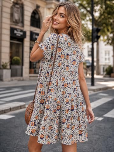 Image of Imysty Womens Boho Floral Ruffle Sleeve Babydoll Loose Flowy Casual Summer Pleated Mini Dress