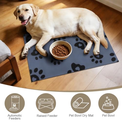 Pet Feeding Mat 30x50cm, Absorbent Dog Placemat for Food and Water Bowl, Rubber Backing Waterproof No Stains Quick Dry Non Slip Cat Food Bowl Mats, Multiple Paws (Gray) - Image 5