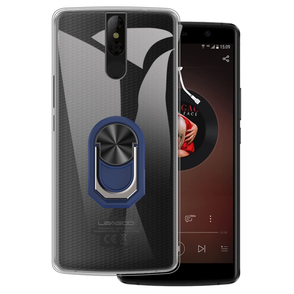 for Leagoo Power 5 Ultra Thin Phone Case + Ring Holder Kickstand Bracket, Gel Pudding Soft Silicone Phone Case for Leagoo Power 5 5.99 inches (BlueRing-T)