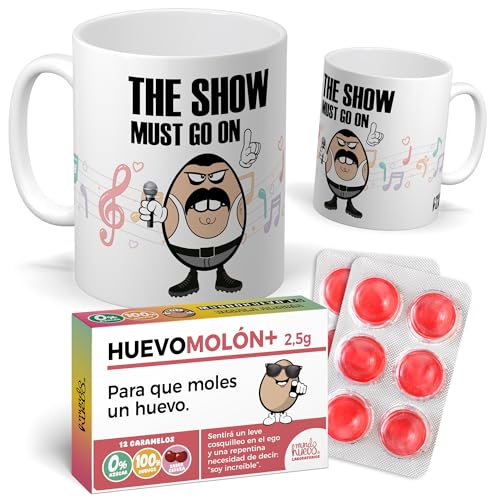 mundohuevo Pack Divertida Freddie Mercury Versión Huevo | Tazas + Caramelos para Regalar | Ideas De Regalos Amigo Invisible Y Navidad | Taza Cerámica 350 ML
