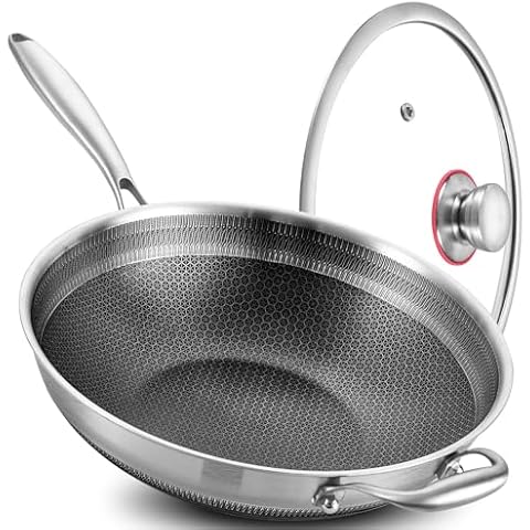 LOLYKITCH 12 Inch New Hybrid Ceramic Non Stick Tri-Ply Stainless Steel Wok Pan with Lid,Stir Fry Pan,Induction Cooking Pan,Dishwasher and Oven Safe, Detachable Handle. Cover