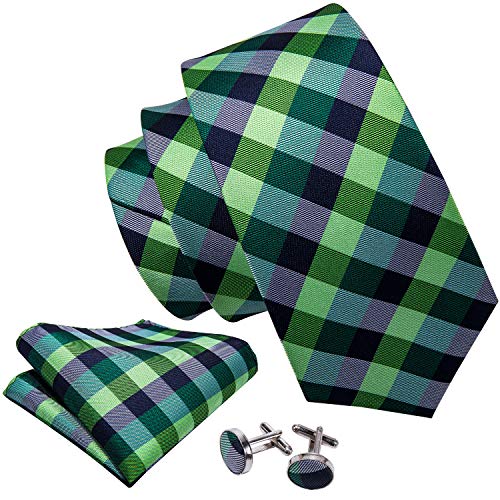 Image of Barry.Wang Designer Classic Ties for Men Set Formal Pocket Square Cufflink Check Plaid