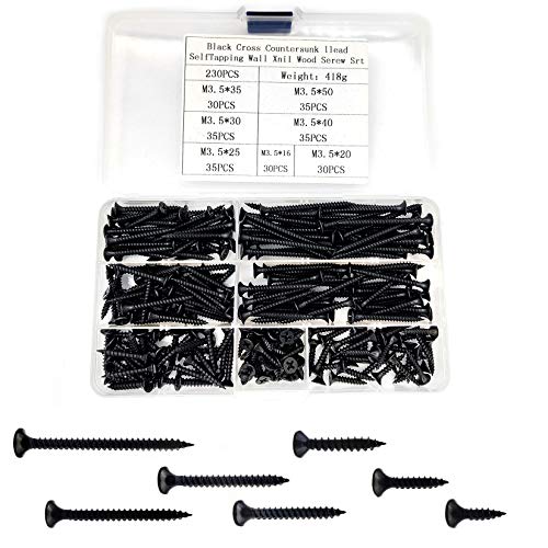230 Pièce Vis Autotaraudeuses, Vis à Tôle Noires, Vis à Tête Plate, Vis à Tête Cruciforme en Acier au Carbone pour Fixation du Bois, Vis Autoperceuses M3.5 Cover
