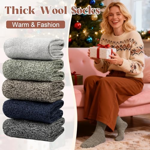 Image of Justay 5 Pairs Womens Wool Socks Thick Warm Winter Socks Casual Cozy Socks Vintage Knit Crew Socks Gift for Women