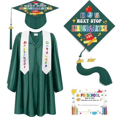 Bokon 4 Pcs 2026 Kindergarten Preschool Graduation Cap and Gown with Tassel Graduation Stole and Certificate for Toddler Kids(33 Green)