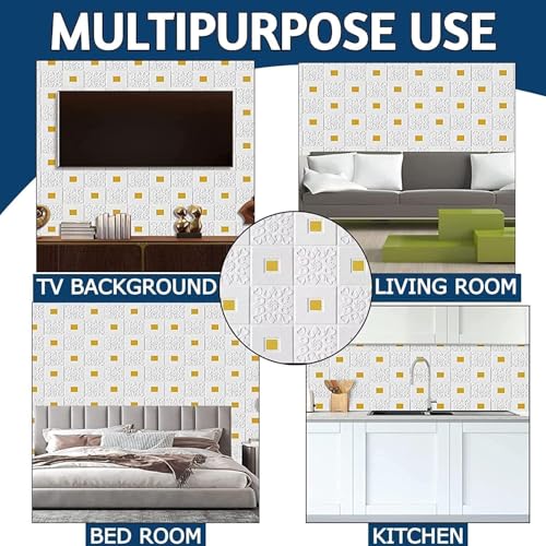 Image of 3D White Brick Wallpaper with Golden Tikdi Self Adhesive PE Foam Wall Sticker for Home Living Room Bedroom Kitchen Hotel DIY Wall Decor ((20, White with Goldan Square Wallpaper)