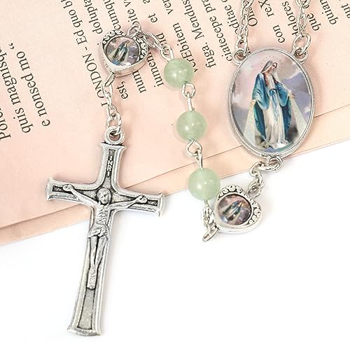 Nazareth Store Natural Stone Beads with Miraculous Epoxy Heart Metal Beads Rosary Necklace Gemstone Christian Gifts3