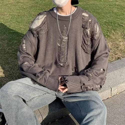 Men's Distressed Sweater Long Sleeve Ripped Round Neck Tops Vintage Streetwear Pullovers with Double Layered3