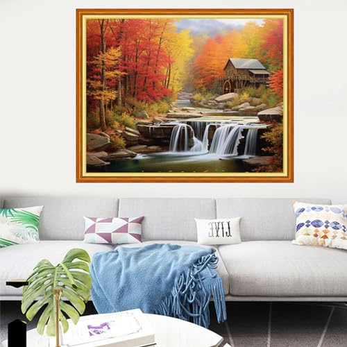 Image of Dooxvey Cross Stitch Kits for Adults Stamped Full Range of Embroidery Starter Kits for Beginners 11CT Printed Cross Stitch Patterns Needlepoint Kits Stamped Crossstitching-Forest Waterfalls 16x20 inch
