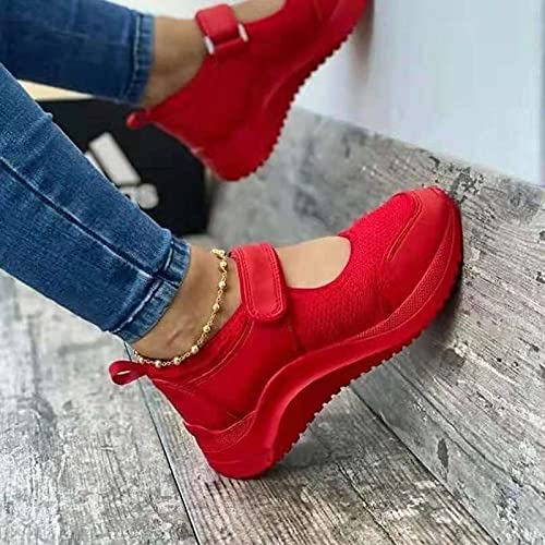 Women's Casual Platform Mesh Mules Sneaker Nurse Shoes Mary Jane Shoes Comfortable Summer Breathable Non-Slip Walking Sandals,Red,US9/EU402