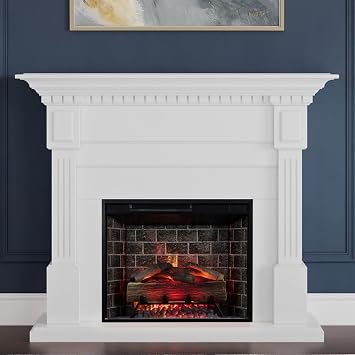 Modern Ember Augustine White Mantel Package 55" W x 48" H with 28 Inch Electric Fireplace Insert - 1,000 Sq Ft Heater 4 Flame Colors, Ember Bed Included | Alexa/WiFi Enabled