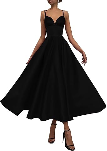 Womens Satin V Neck Evening Party Dresses Spaghetti Straps Prom Gowns