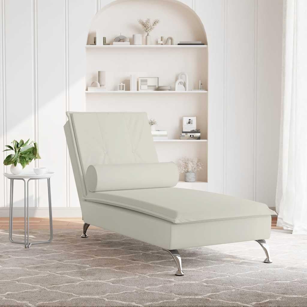 Chaise Longue Massaggiante in Velluto Crema con Cuscino cervicale, 1 Punto Massaggio, Gambe in Metallo Cromato, 136,5 x 56 x 75 cm, per Soggiorno Camera da Letto per rilassarsi e leggere