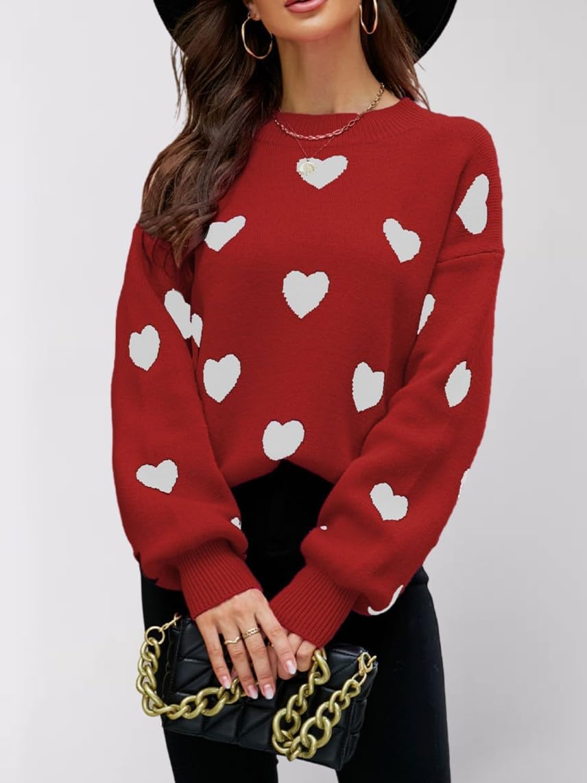 Women's Cute Heart Graphic Valentines Sweater Crewneck Knitted Long Sleeve Y2k Loose Tops Kawaii Aesthetic Clothes